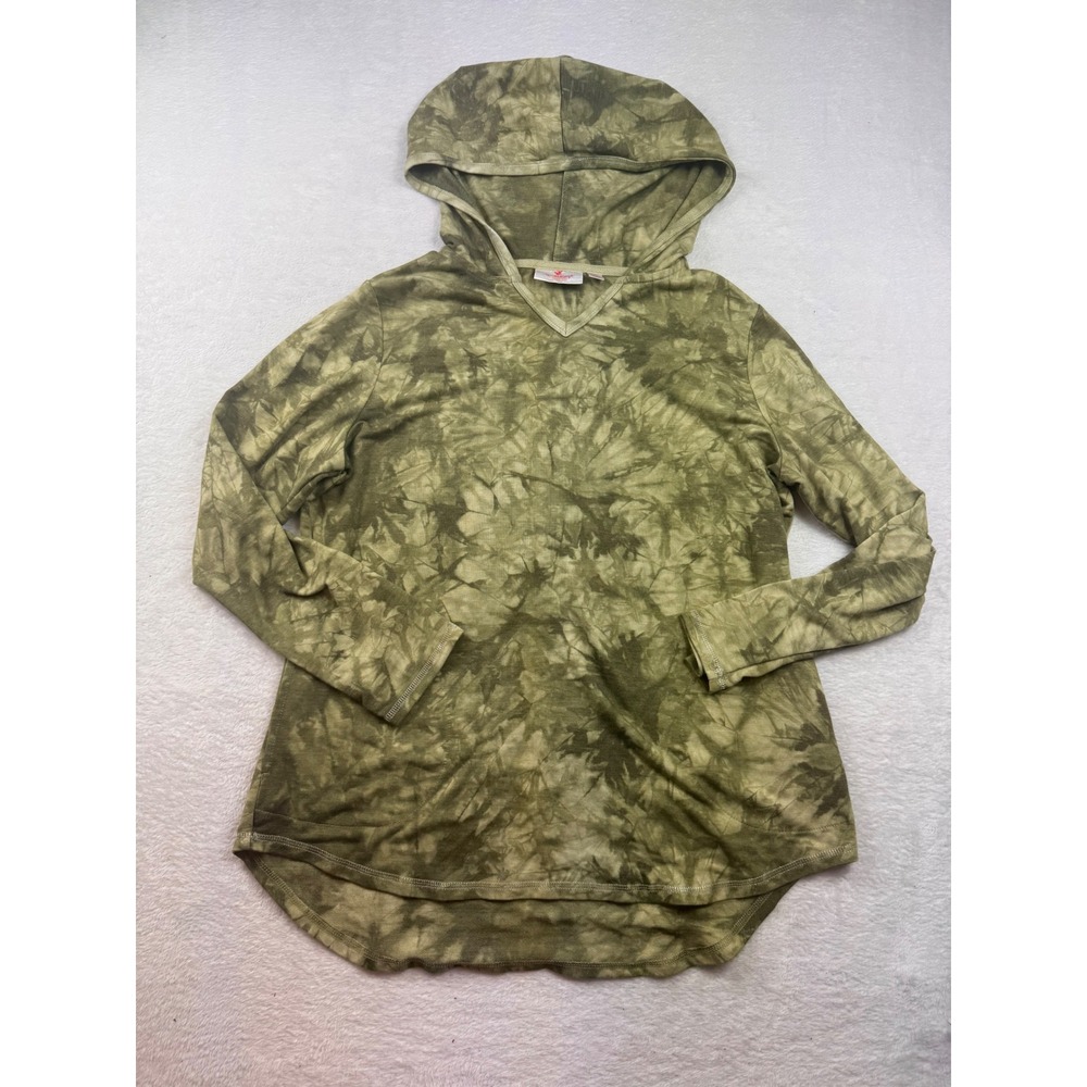 Quacker Factory Olive Green Tie Dye Hoodie V-Neck High Low Hem Top Mens Medium